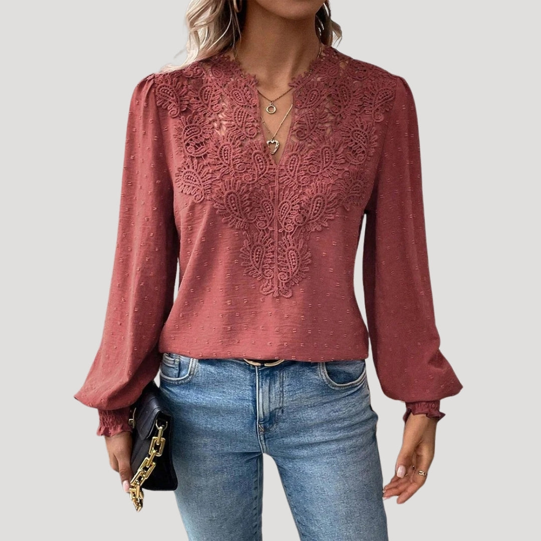 Lace embroidered long-sleeve blouse