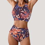 Tropical print high-neck bikini set