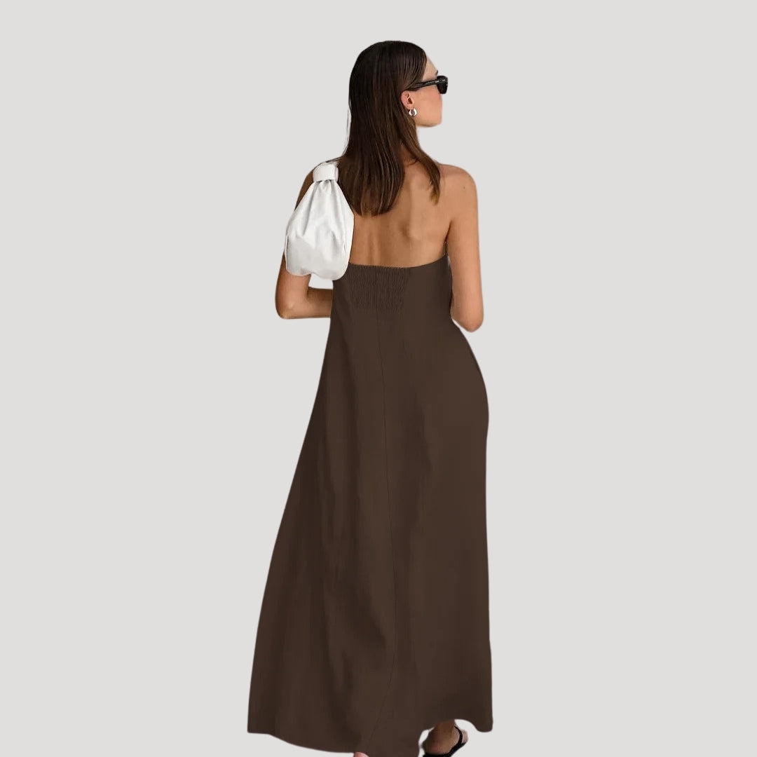 Women’s linen strapless maxi summer dress backless holiday