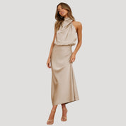 Women's satin wedding guest dress - halter neck maxi
