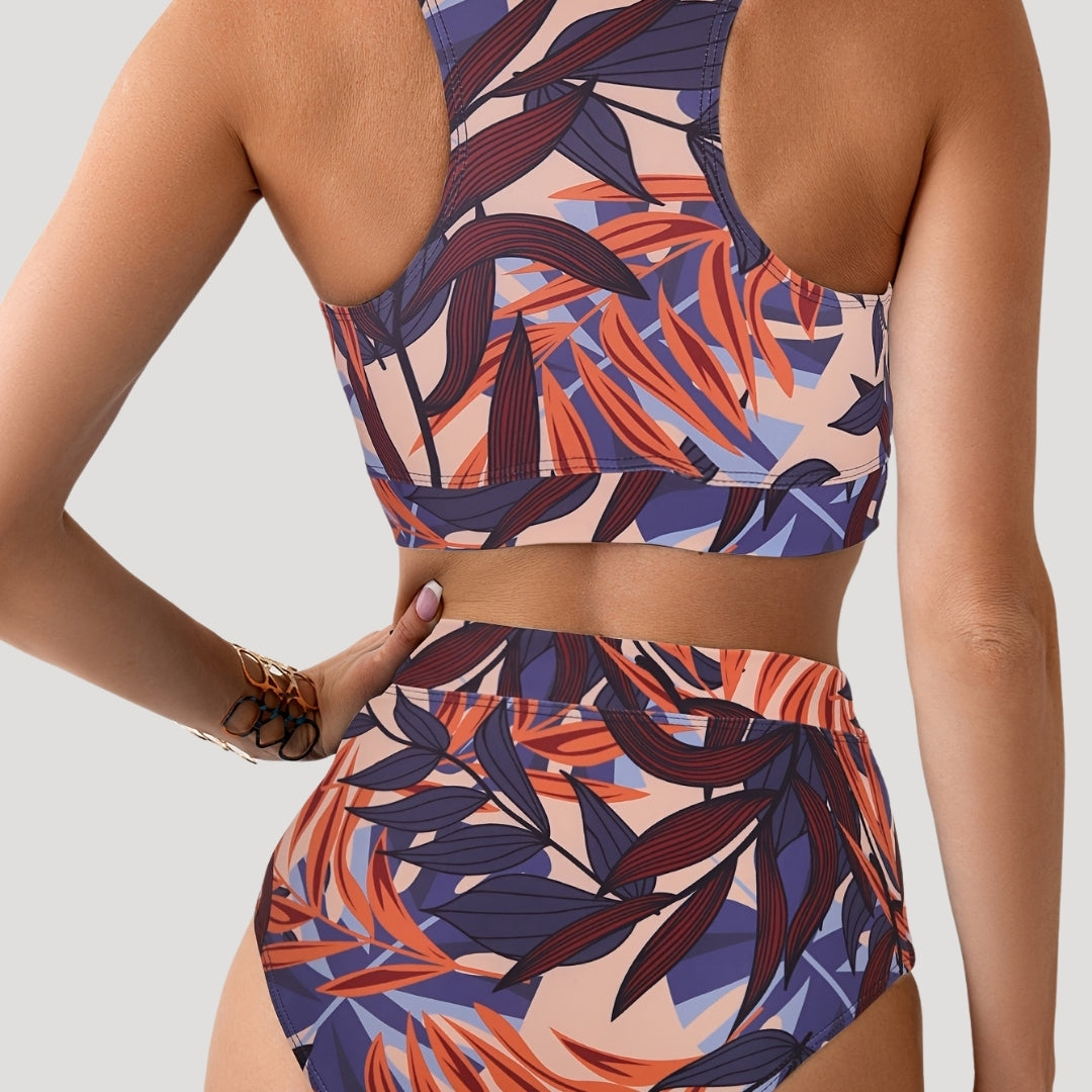 Tropical print high-neck bikini set