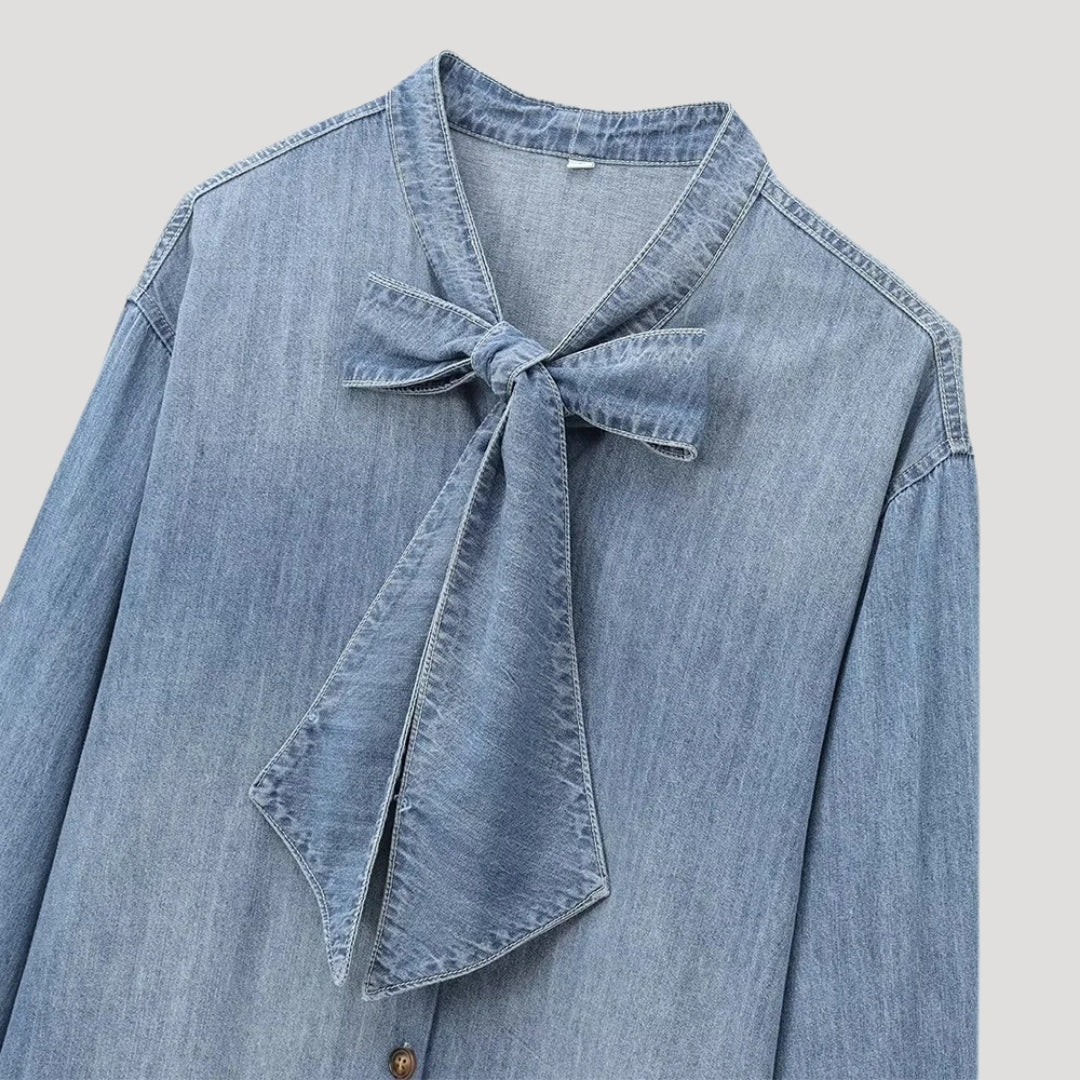 Denim bow-tie blouse with long sleeves