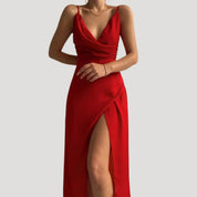 Women's wedding guest cowl neck maxi dress with slit