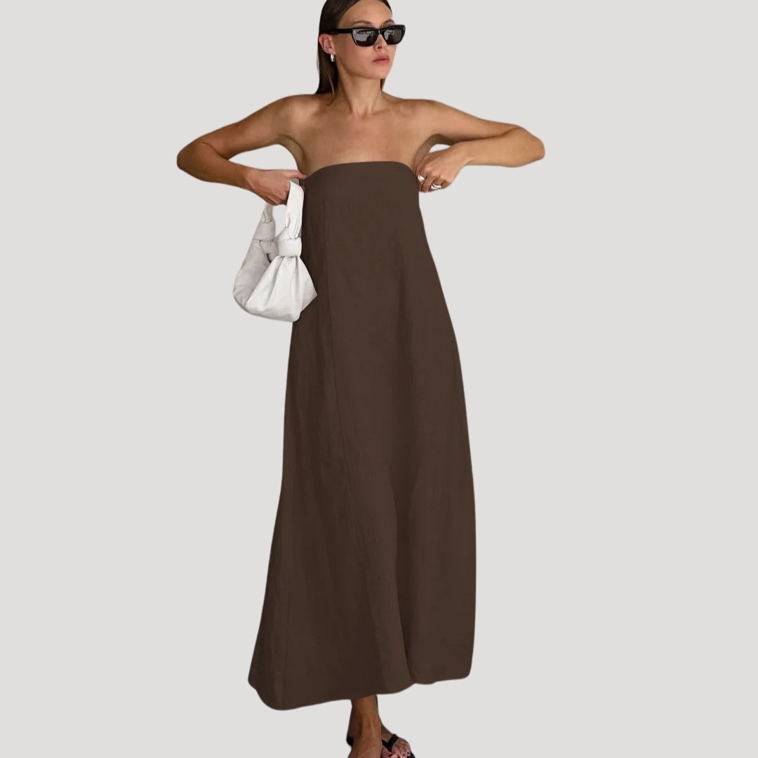 Women’s linen strapless maxi summer dress backless holiday