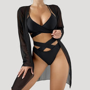 Elegant three-piece bikini set with sheer cover-up