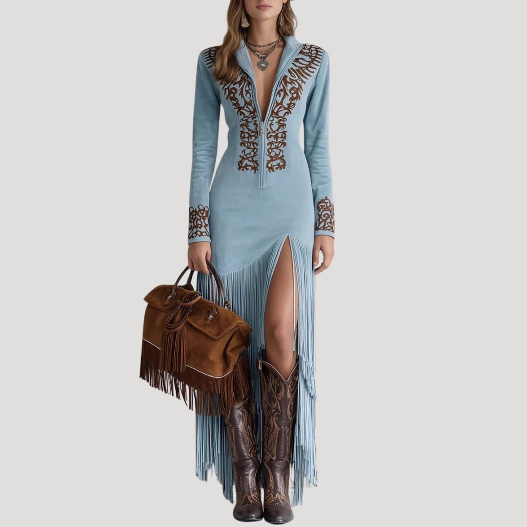 Women’s long sleeve embroidered fringe maxi dress
