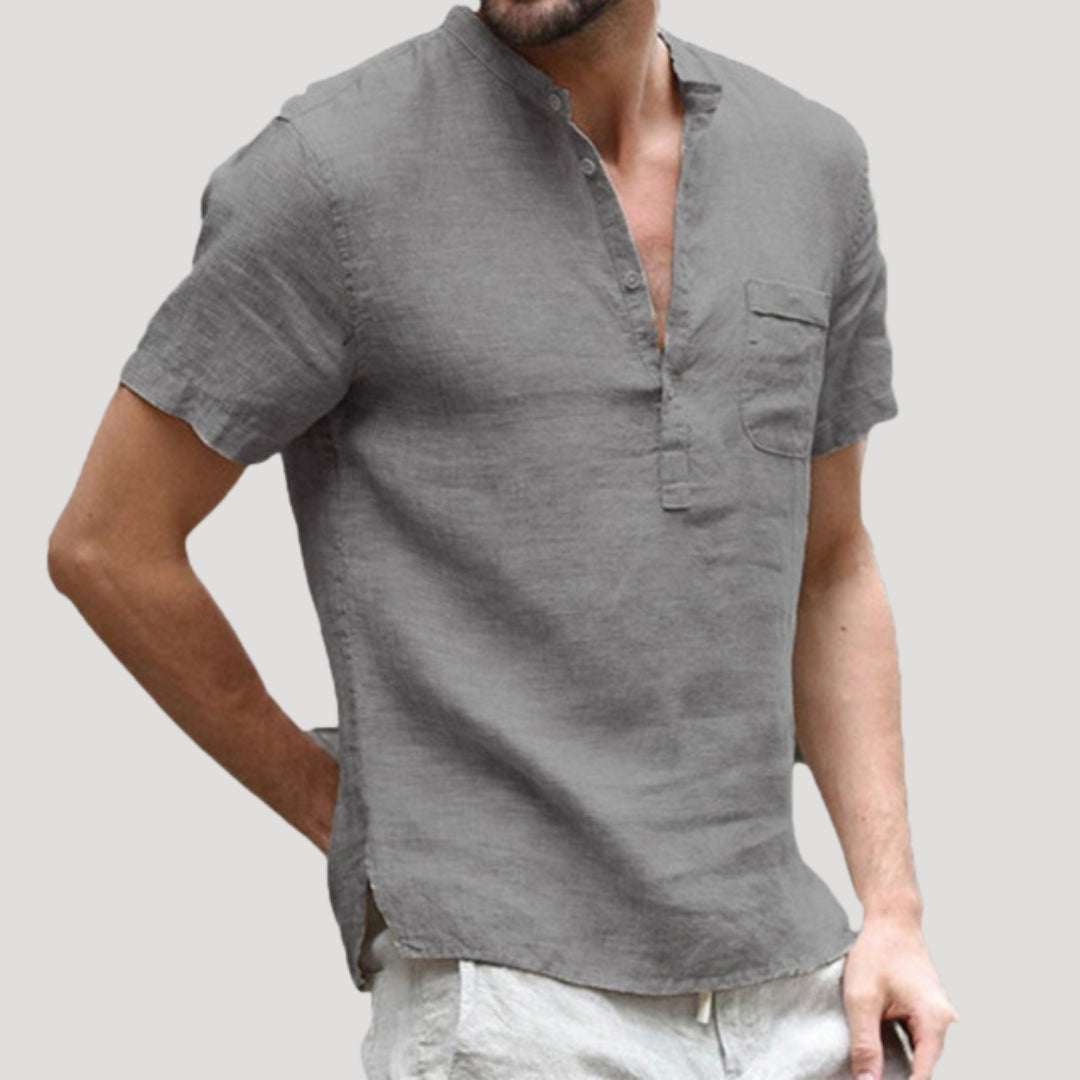 Men’s grandad collar short sleeve linen shirt