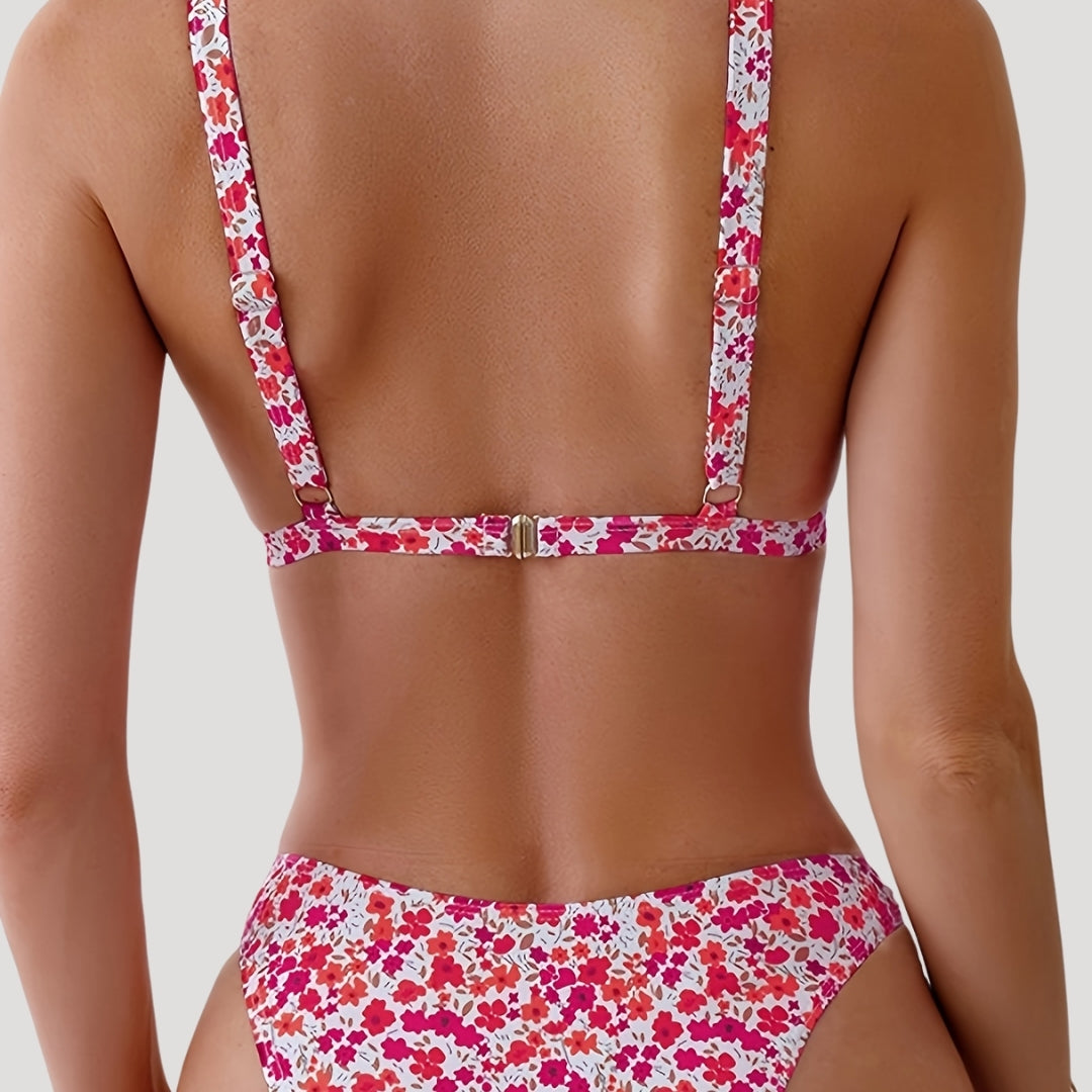 Floral print plunge bikini set