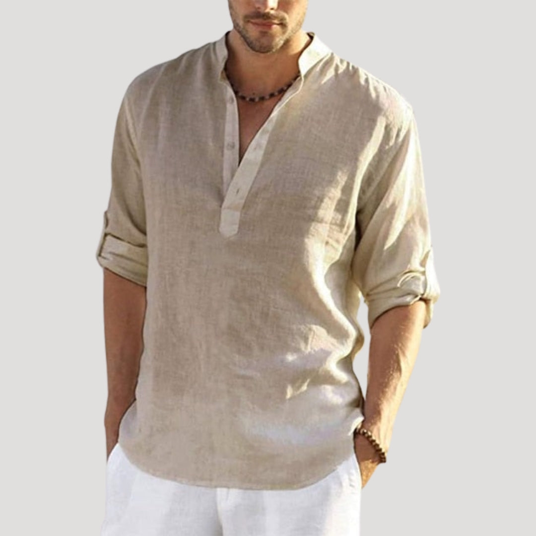 Men’s linen long sleeve collarless beach shirt
