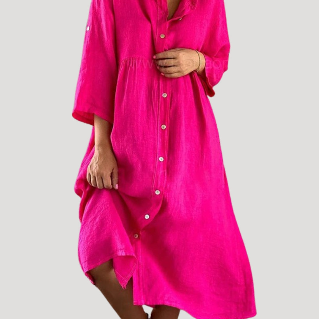 Women’s linen long sleeve button midi shirt dress