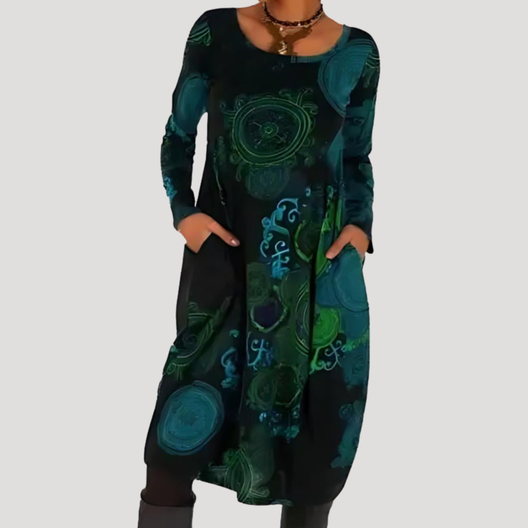 Women’s long sleeve printed midi dress with pockets