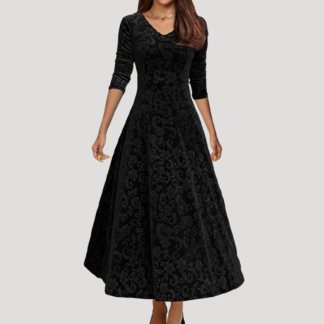 Women's velvet maxi dress long sleeve v neck evening dress