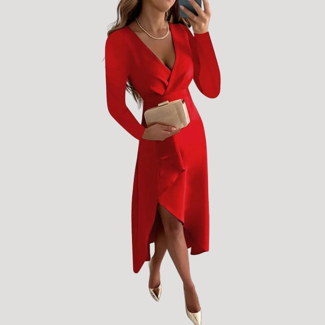 Women’s long sleeve wrap midi wedding guest dress