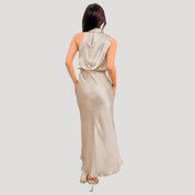 Women's satin wedding guest dress - halter neck maxi