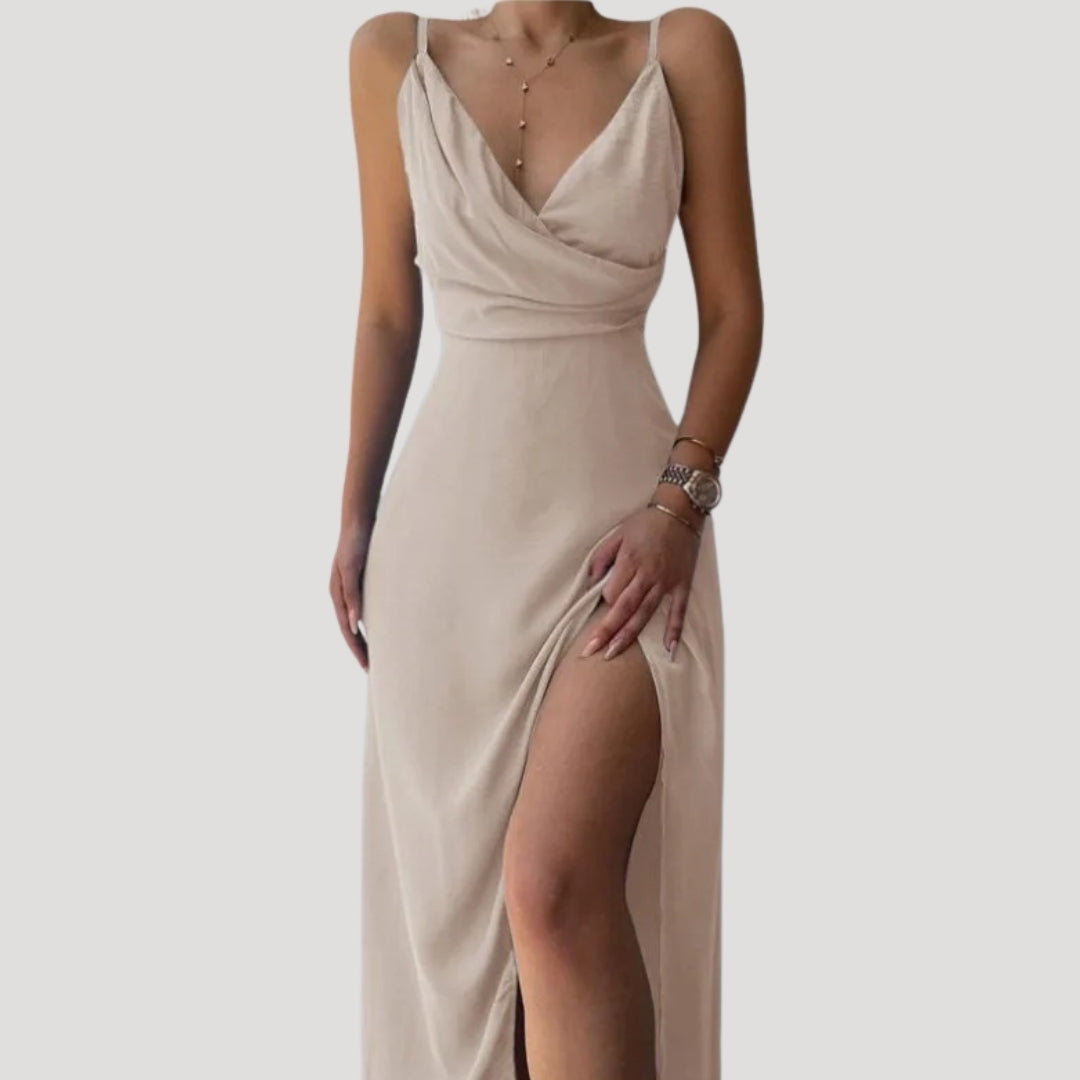 Women's wedding guest cowl neck maxi dress with slit
