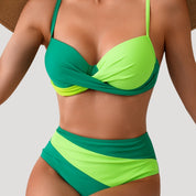 Color-block high-waisted bikini with twist top