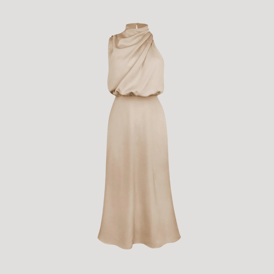 Women's satin wedding guest dress - halter neck maxi