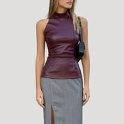 Faux leather sleeveless high neck top