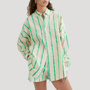 Oversized striped button-down shirt & shorts set