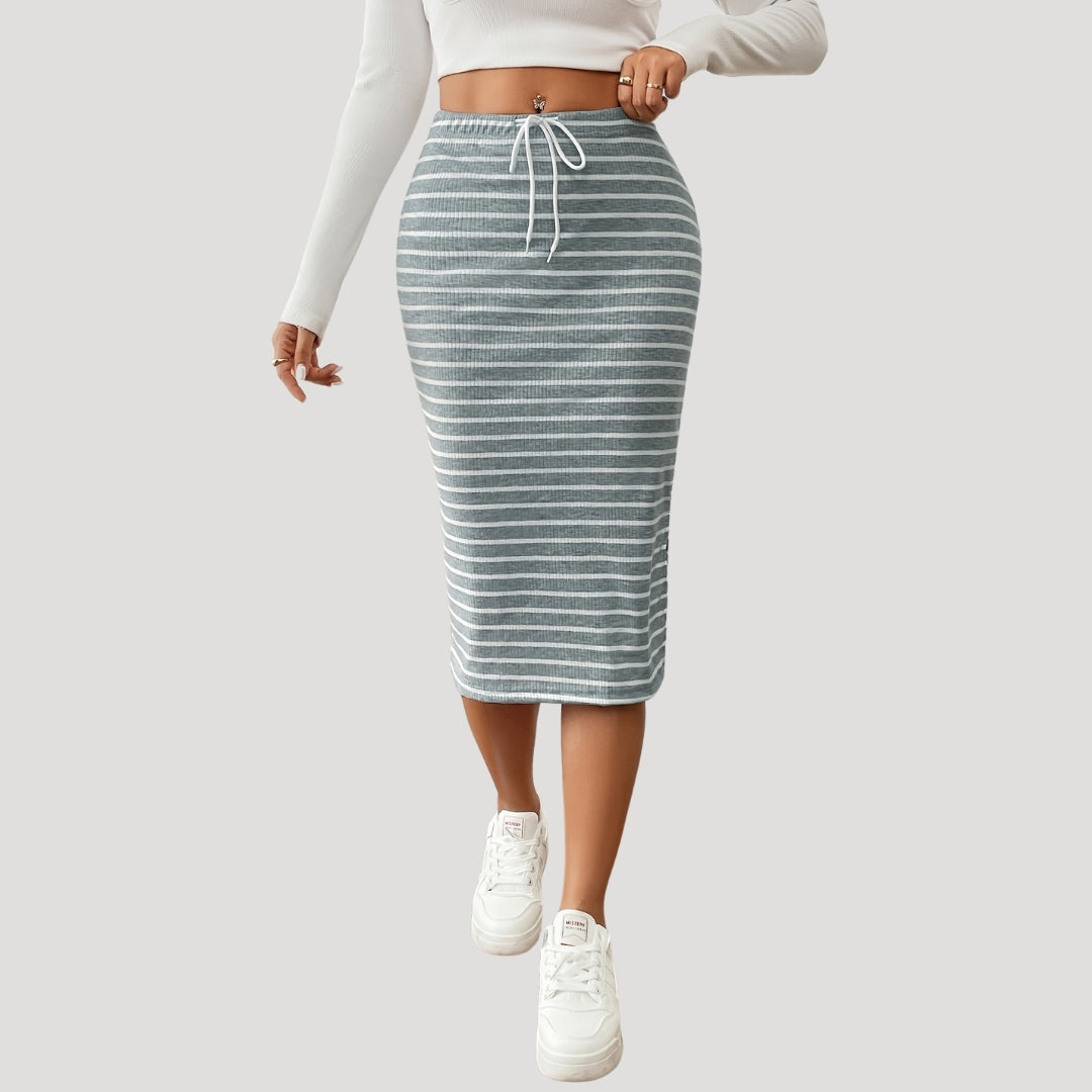 Ribbed striped drawstring midi skirt