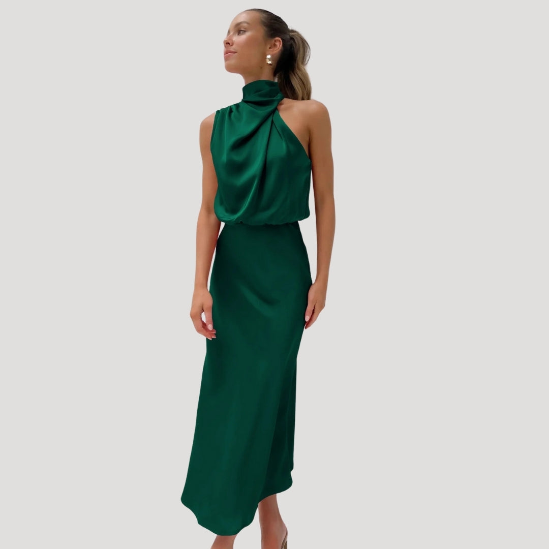 Women's satin wedding guest dress - halter neck maxi
