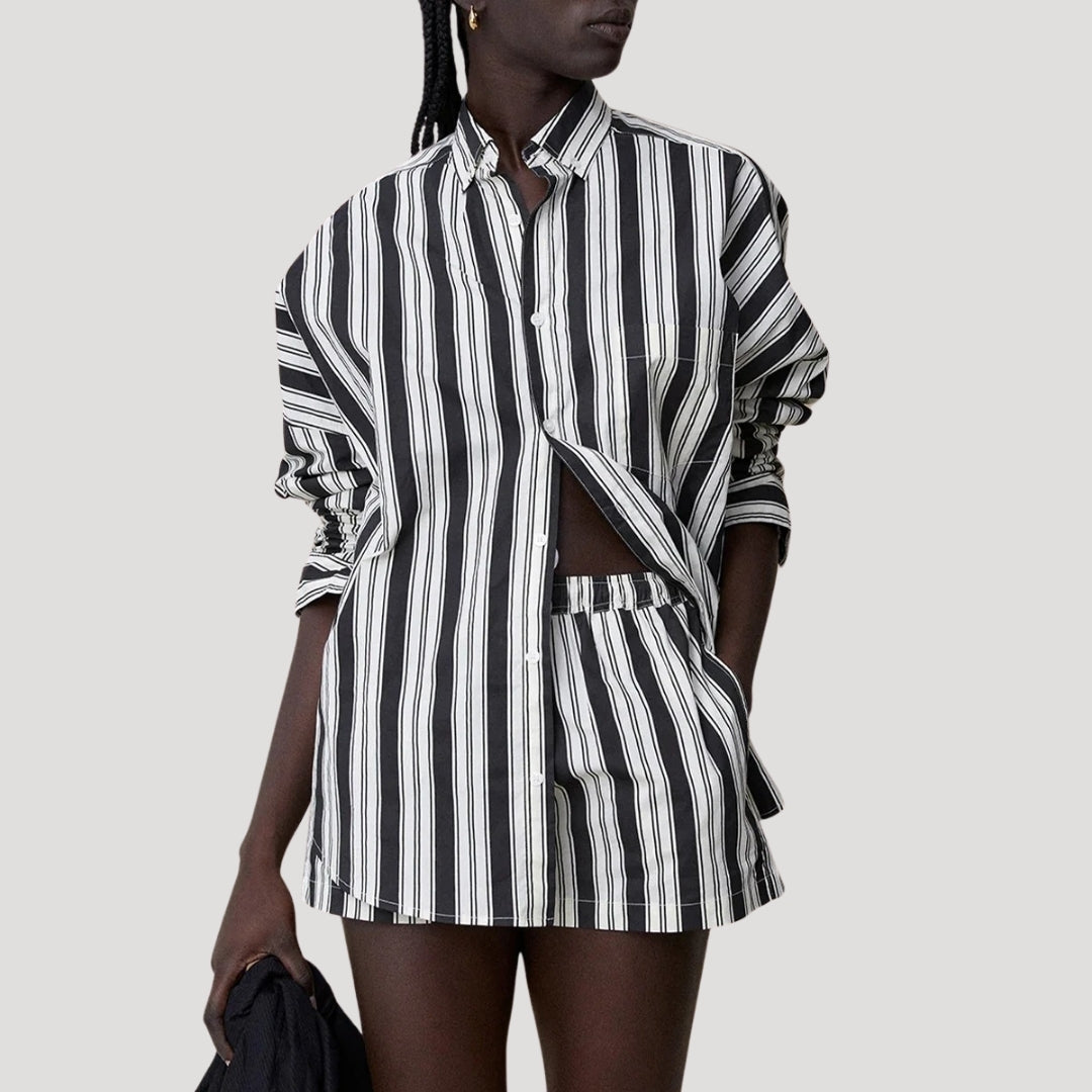 Oversized striped button-down shirt & shorts set