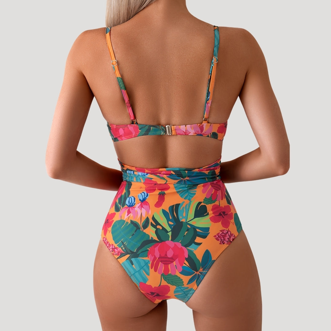 Floral wrap-tie one-piece swimsuit