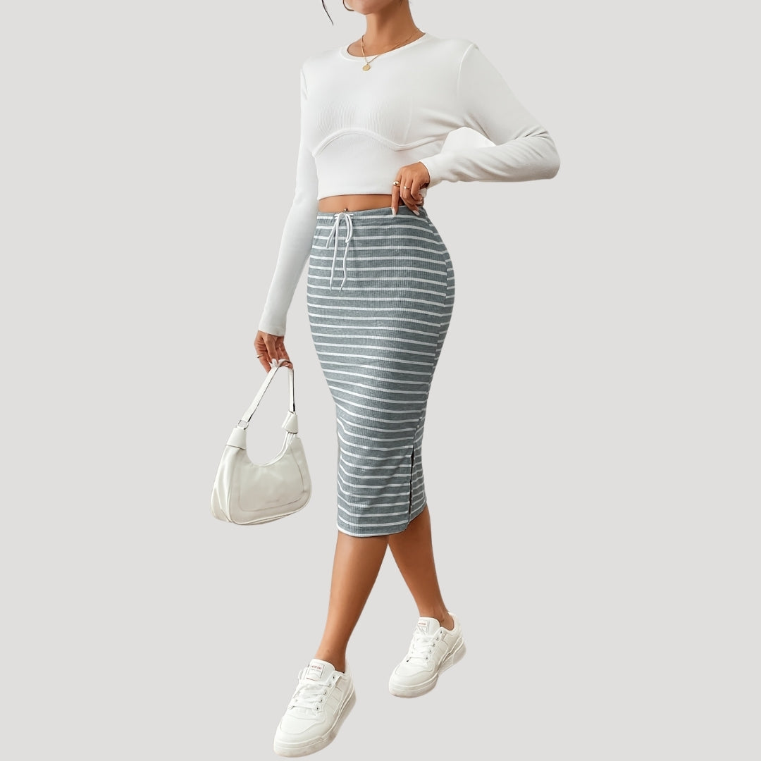 Ribbed striped drawstring midi skirt