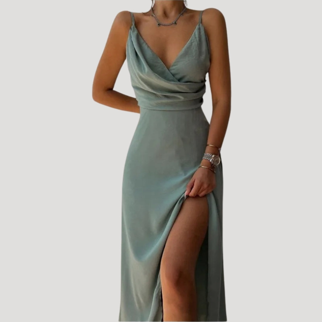 Women's wedding guest cowl neck maxi dress with slit