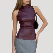 Faux leather sleeveless high neck top