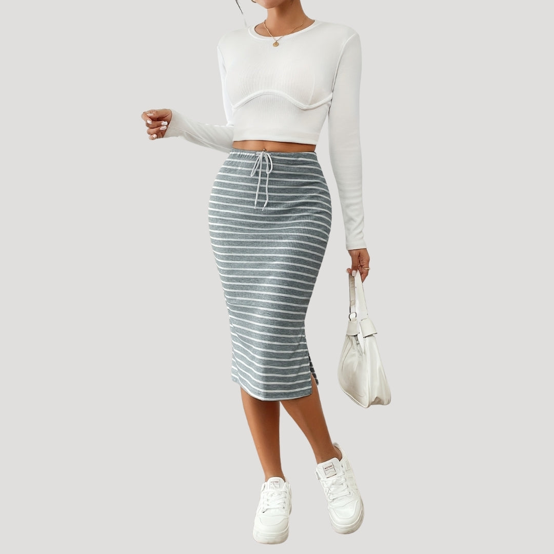 Ribbed striped drawstring midi skirt