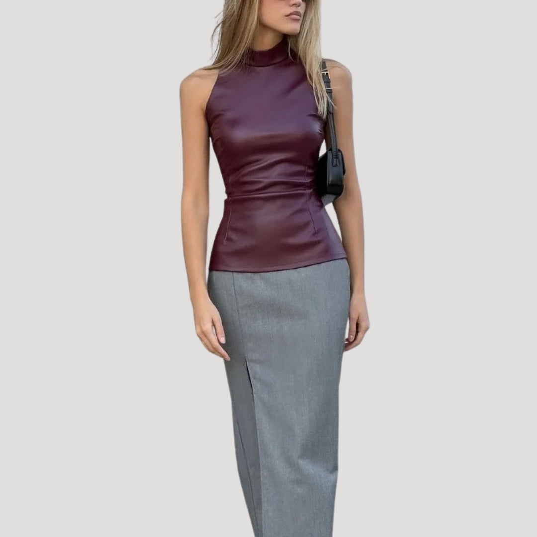 Faux leather sleeveless high neck top