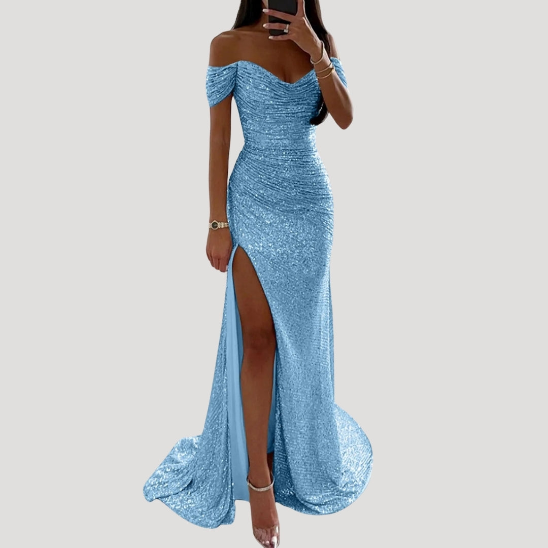 Women's off shoulder sequin maxi wedding guest dress