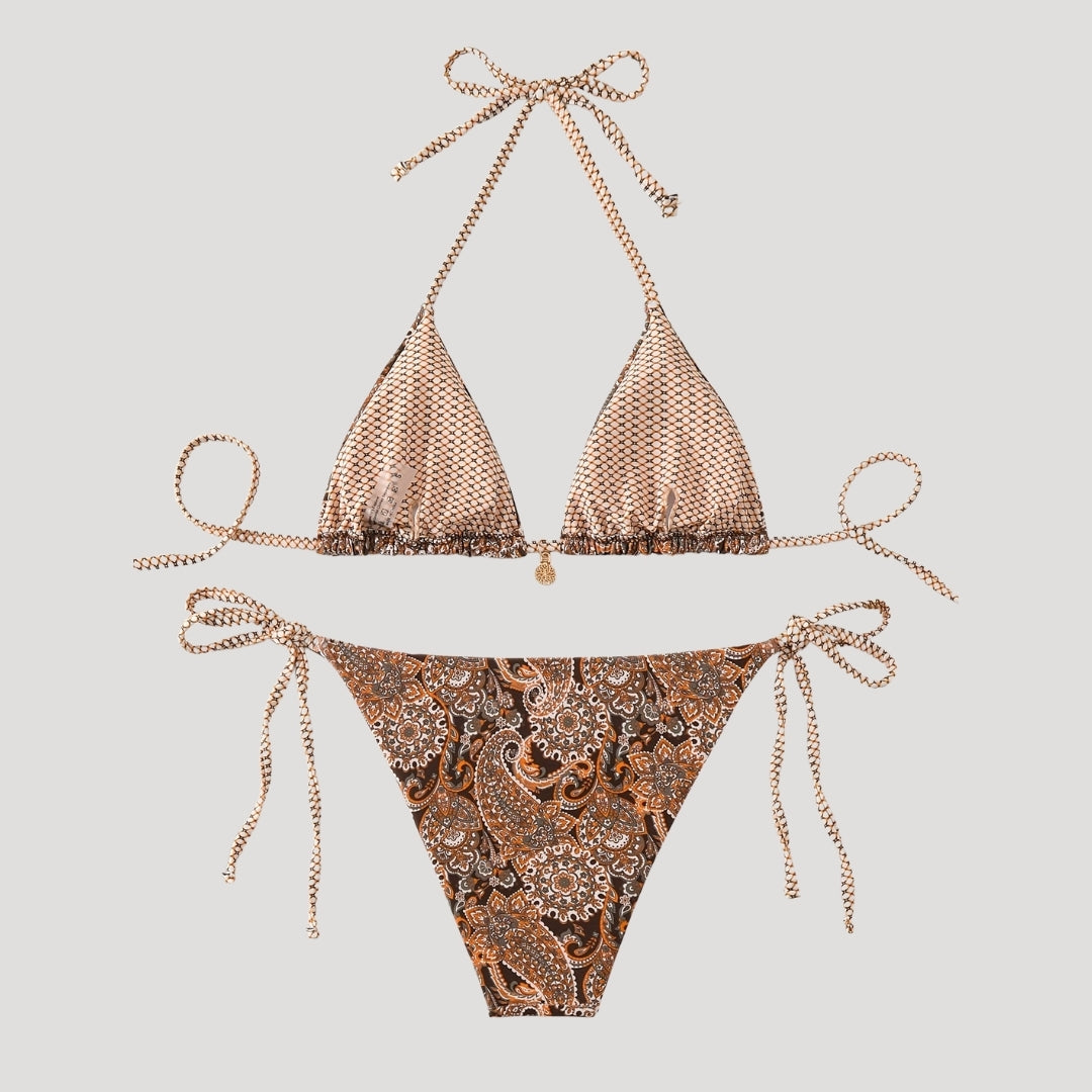 Paisley print bikini with gold details