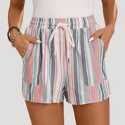 Striped linen drawstring shorts with pockets