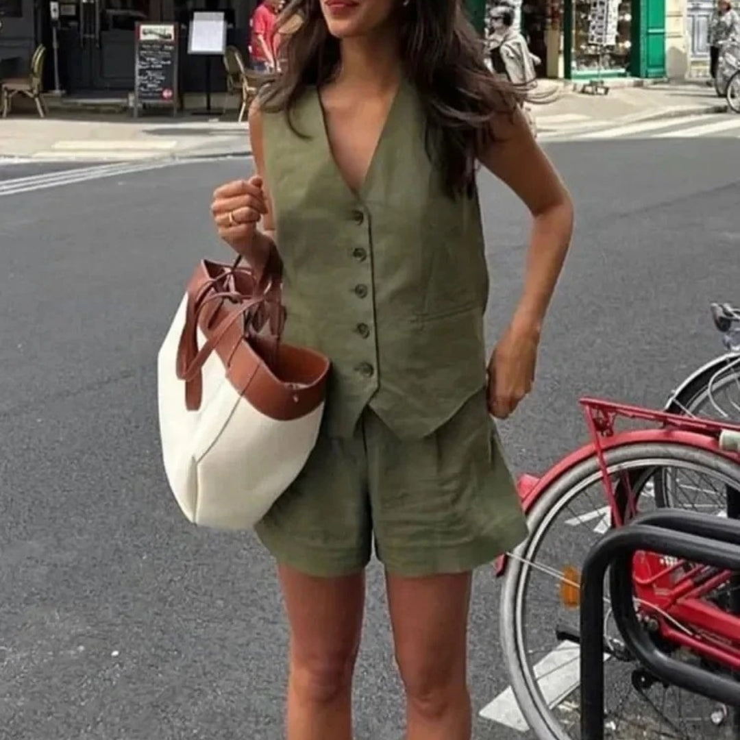 Women's linen co ord set – tailored shorts & sleeveless waistcoat