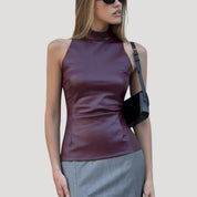 Faux leather sleeveless high neck top