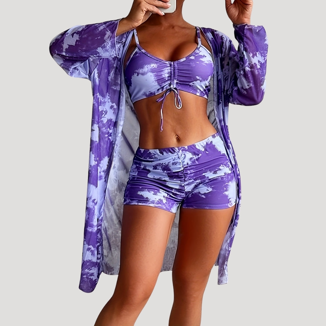 Tie-dye 3-piece bikini set with cover-up