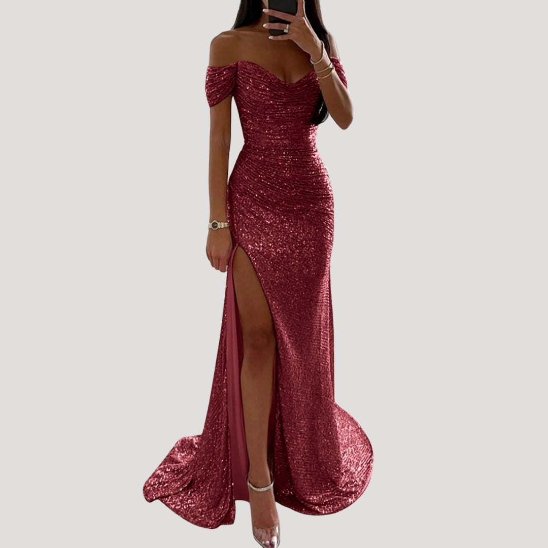 Women's off shoulder sequin maxi wedding guest dress