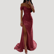 Women's off shoulder sequin maxi wedding guest dress