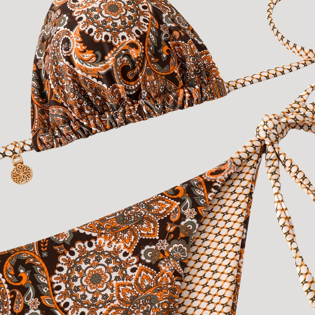 Paisley print bikini with gold details