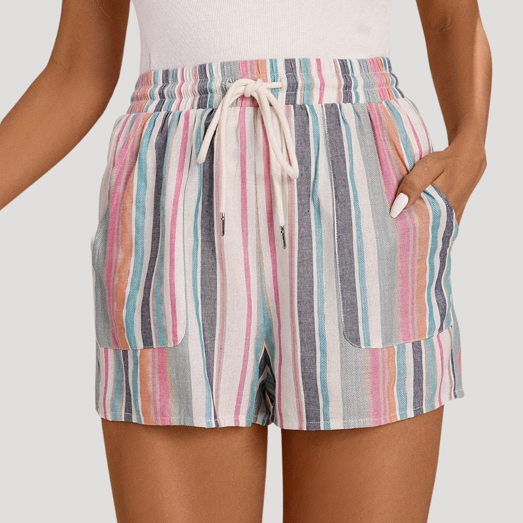 Striped linen drawstring shorts with pockets