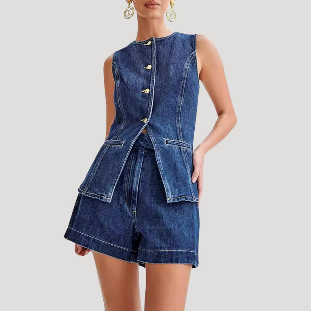 Sleeveless denim button-up vest set