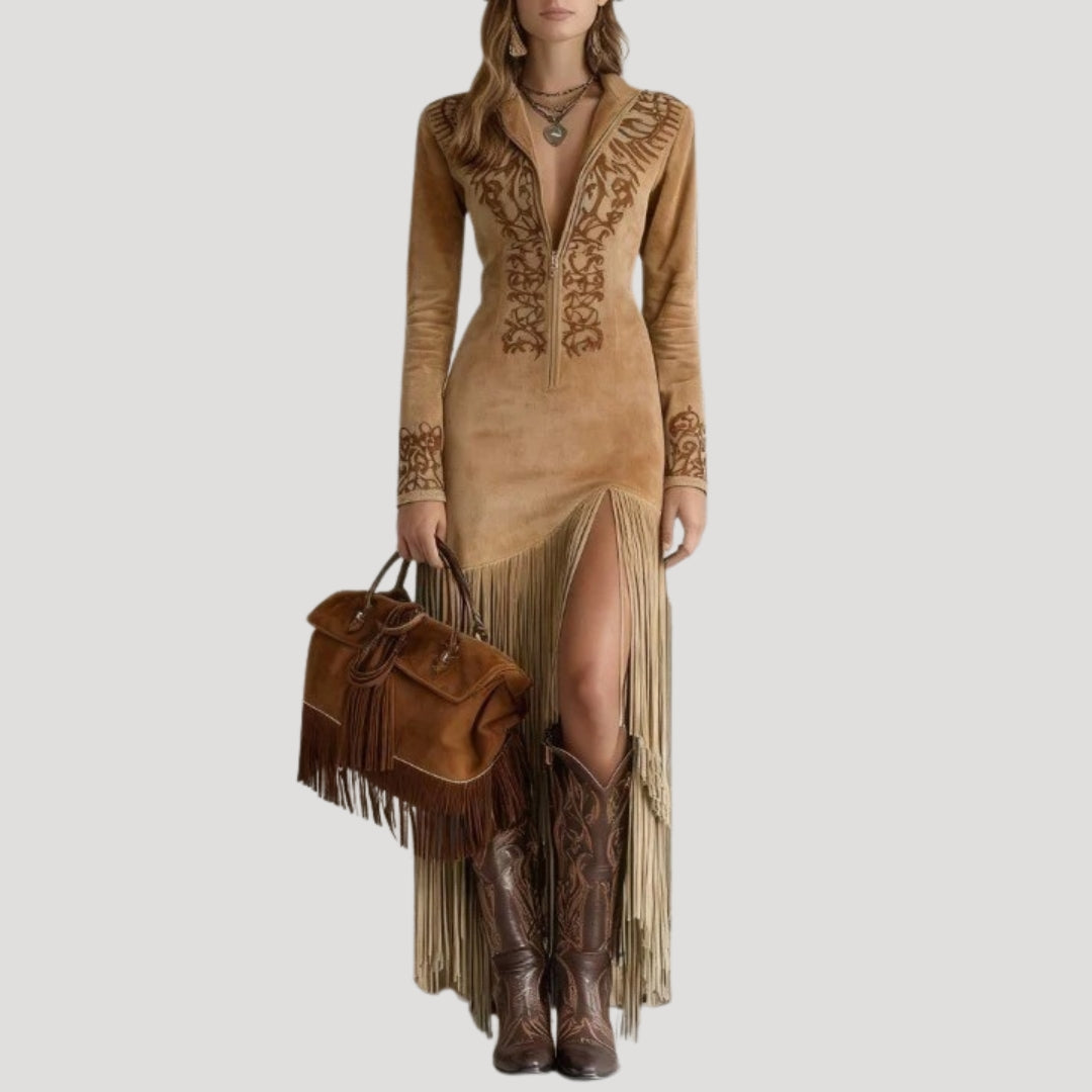 Women’s long sleeve embroidered fringe maxi dress