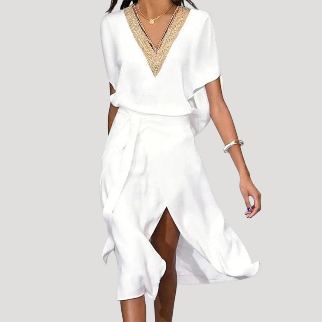 Women’s white v neck short sleeve midi dress