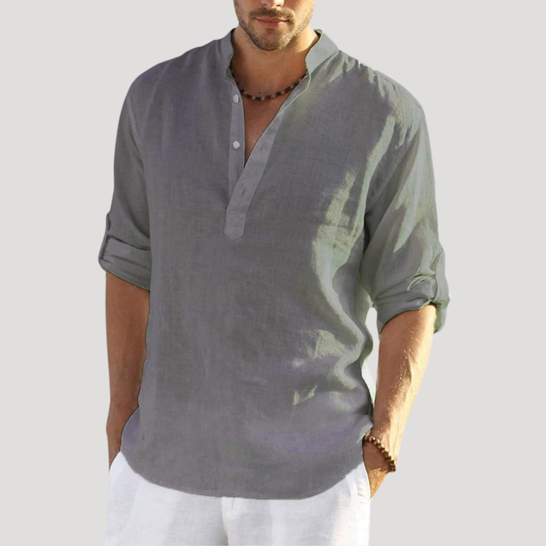 Men’s linen long sleeve collarless beach shirt