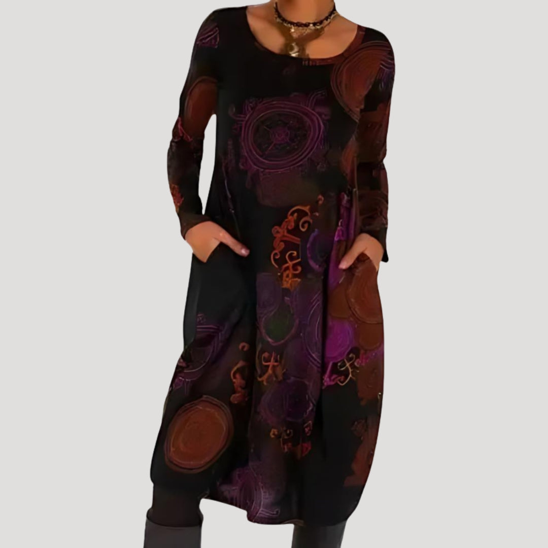 Women’s long sleeve printed midi dress with pockets