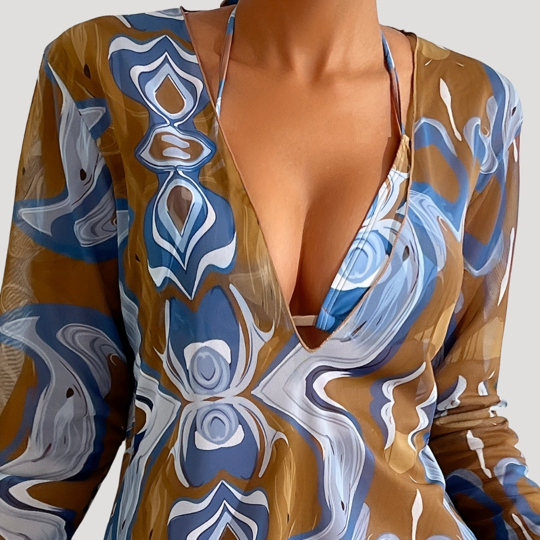 Abstract print 3-piece bikini set with cover-up