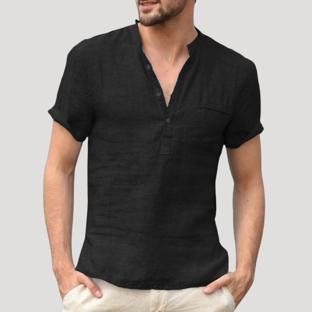 Men’s grandad collar short sleeve linen shirt