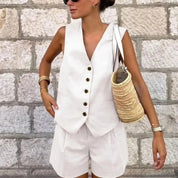 Women's linen co ord set – tailored shorts & sleeveless waistcoat